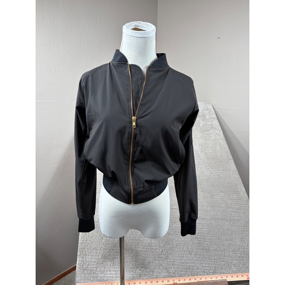 Albion Fit Womens Black Bomber Jacket XXS Full Zip Gold Hardware Lightweight